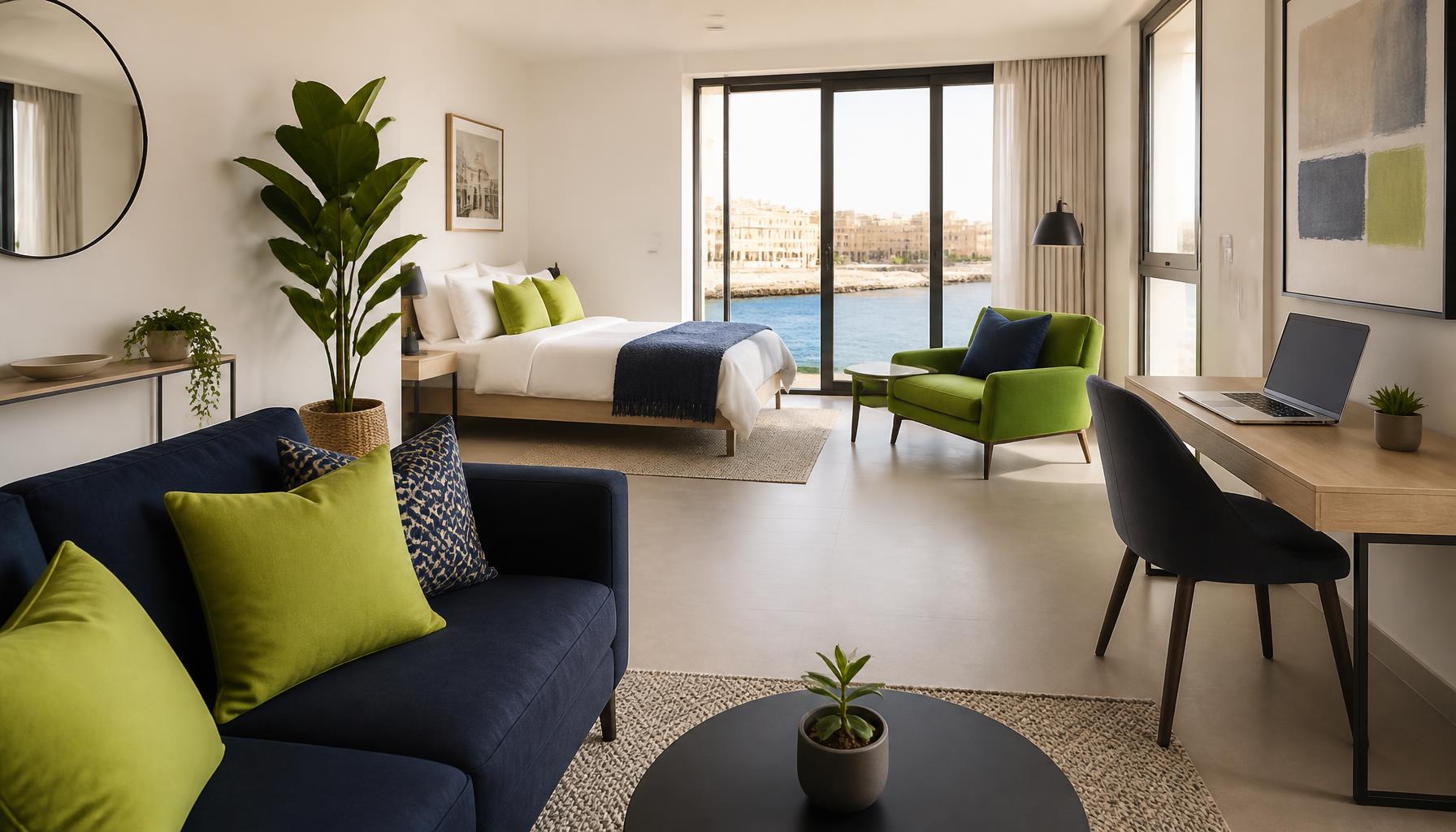 Bright furnished apartment in Malta with a desk, sofa and sea view